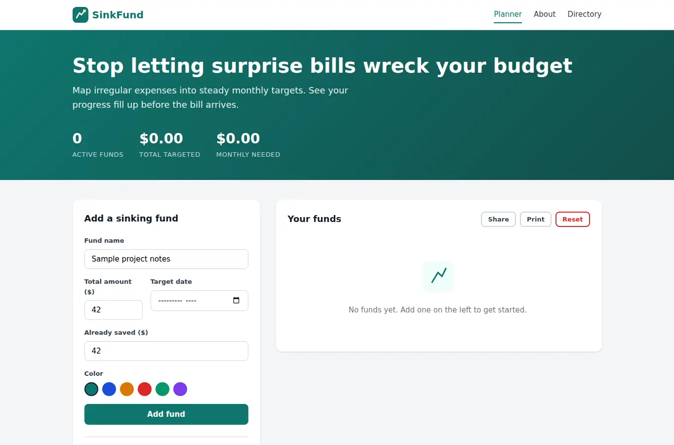 Screenshot of SinkFund: Monthly Sinking Fund Visualizer interface showing the project page in use